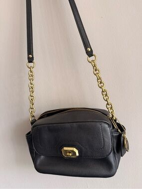 Coach Black Leather Crossbody with Gold Chain Strap
